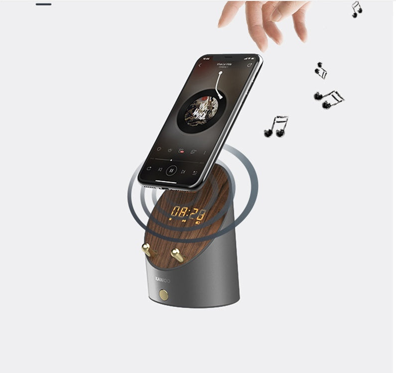 Wooden Induction Speaker Clock — Set Phone Down, Sound On (Bluetooth Optional)