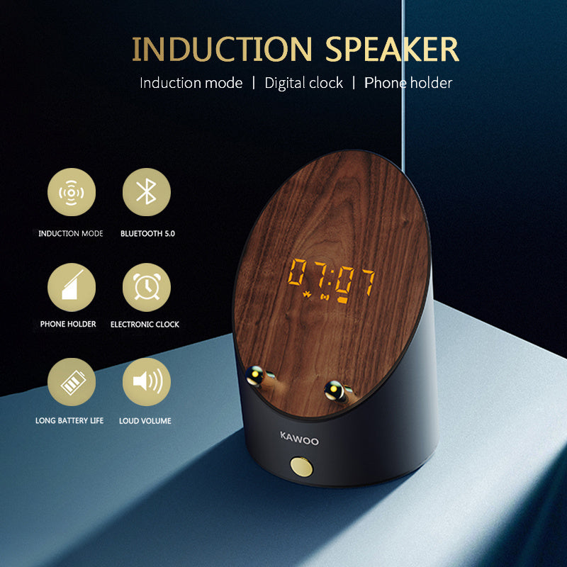 Wooden Induction Speaker Clock — Set Phone Down, Sound On (Bluetooth Optional)
