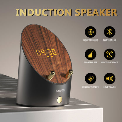 Wooden Induction Speaker Clock — Set Phone Down, Sound On (Bluetooth Optional)