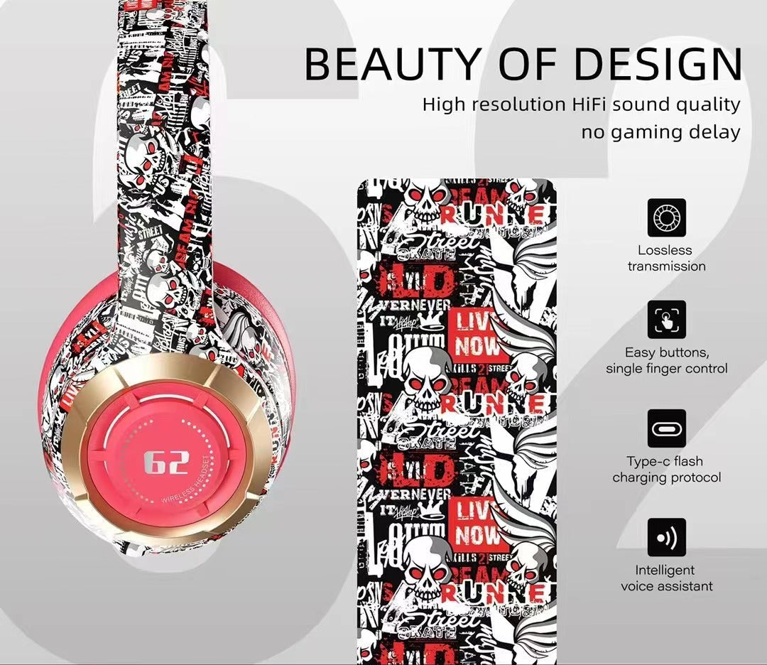 Skull Graffiti Bluetooth Headphones – Wireless Head-Mounted Style, 10m Range