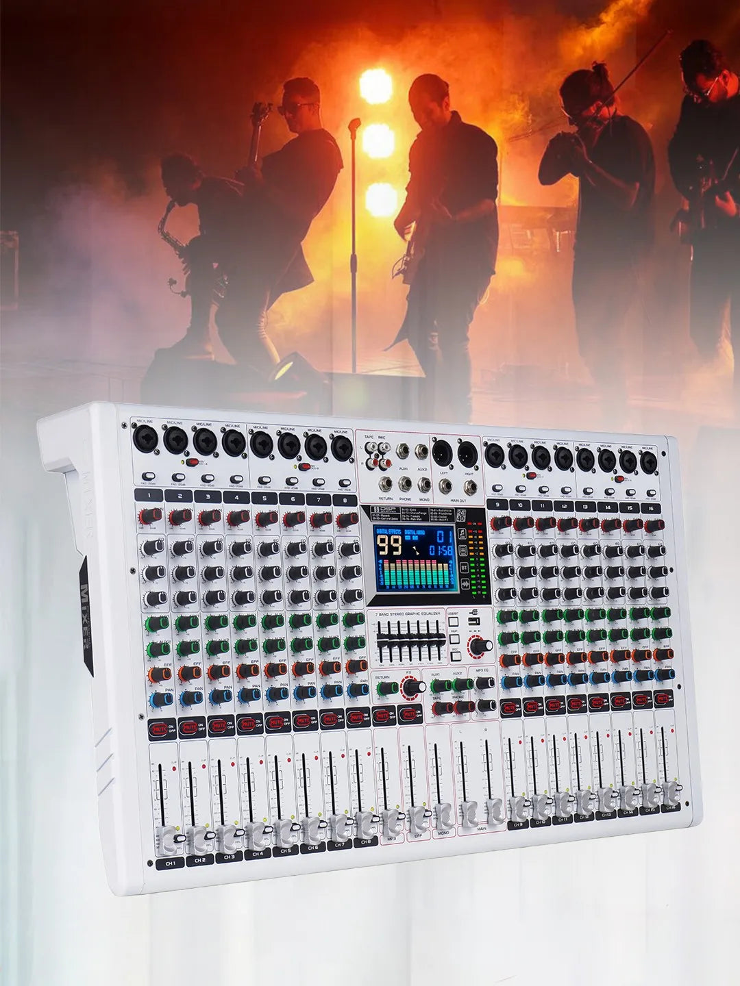 16-channel digital audio mixing console with faders, LEDs, and Bluetooth/USB ports.