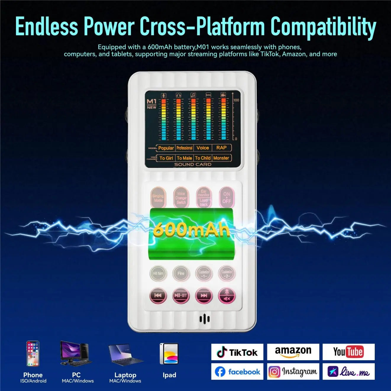 M01 Portable Mixer – Built-In Mic, 2 Effects, 4 Voice Changers & 64 Timbres