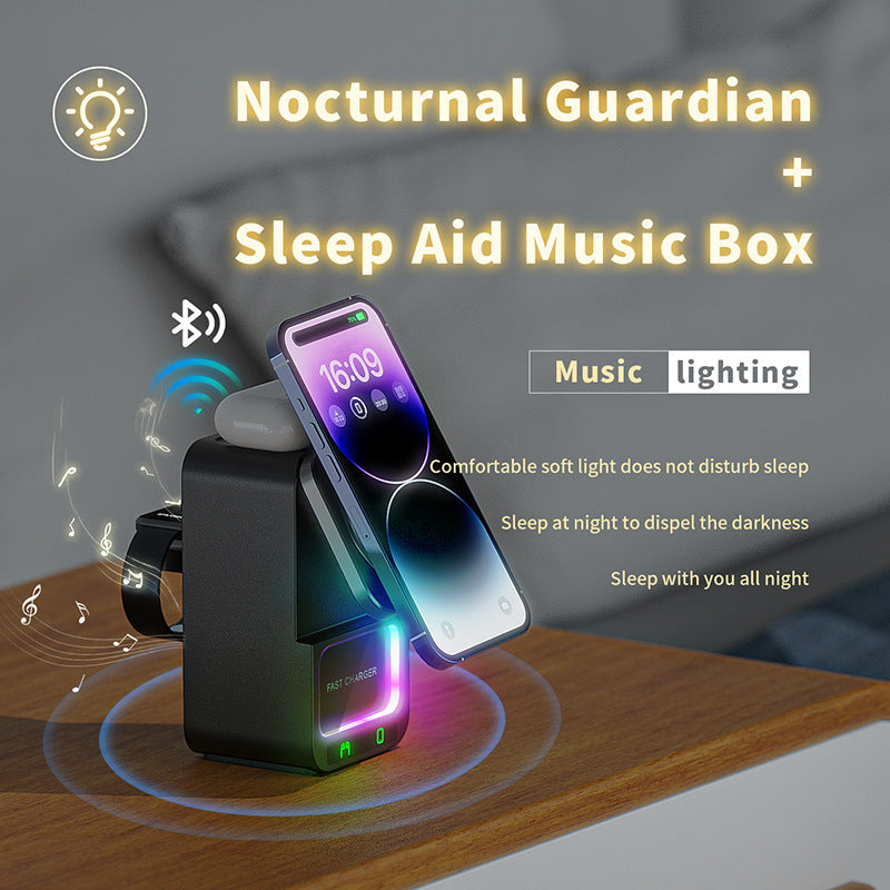 5-in-1 Wireless Charger Bluetooth Speaker – Night Light, Phone Stand, Power Bank & Ambient LEDs