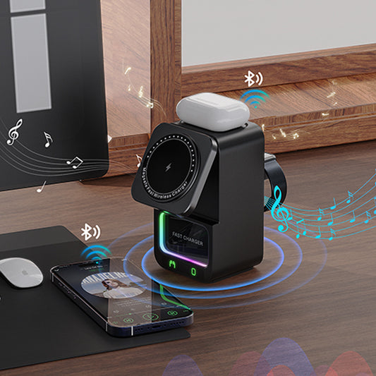 5-in-1 Wireless Charger Bluetooth Speaker – Night Light, Phone Stand, Power Bank & Ambient LEDs