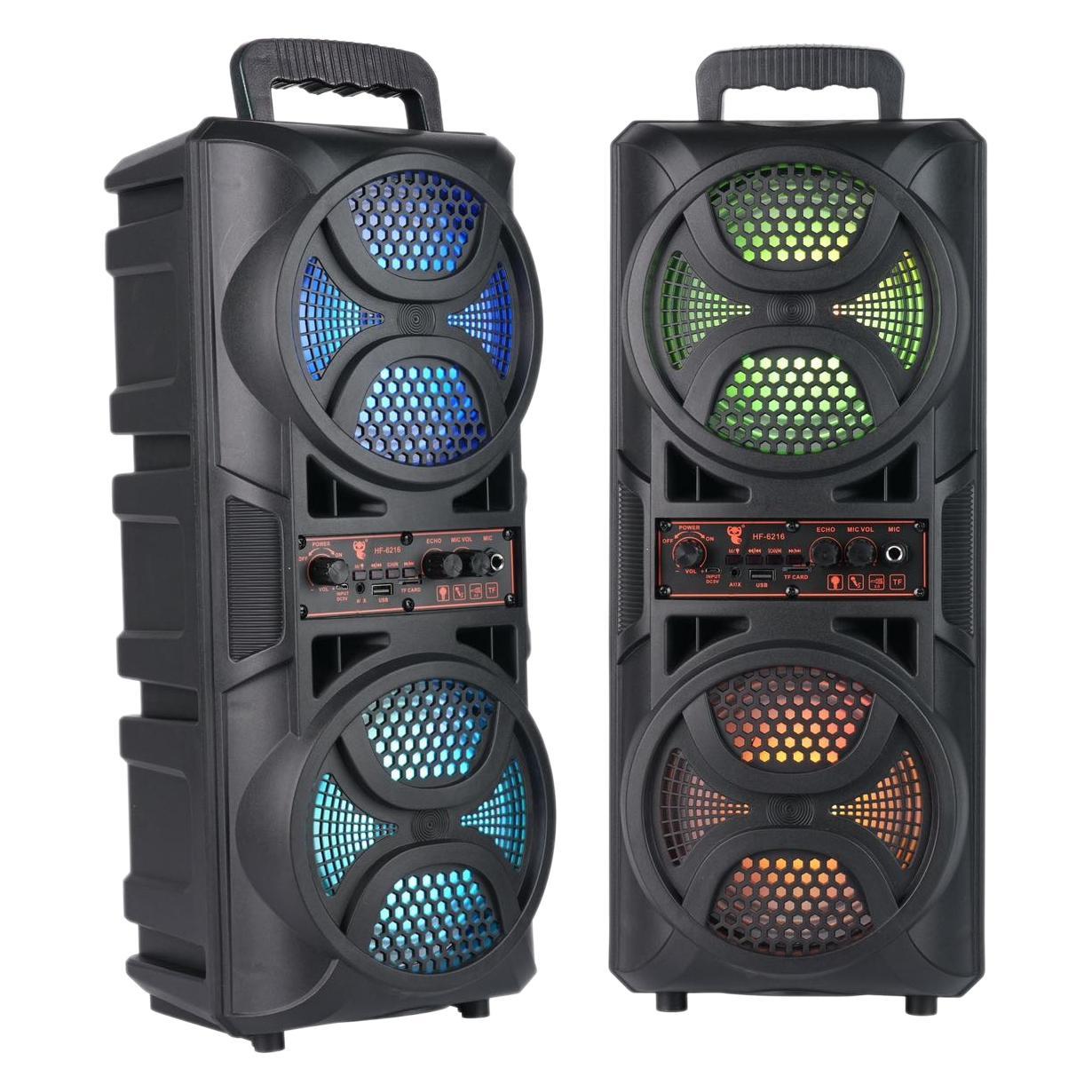 Portable dual 6.5-inch RGB Bluetooth party speaker with mic and remote.